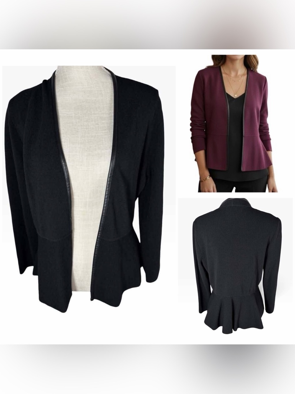 Ann Taylor Factory Black Leather Trim Peplum Hem Open Front Classy Cardigan